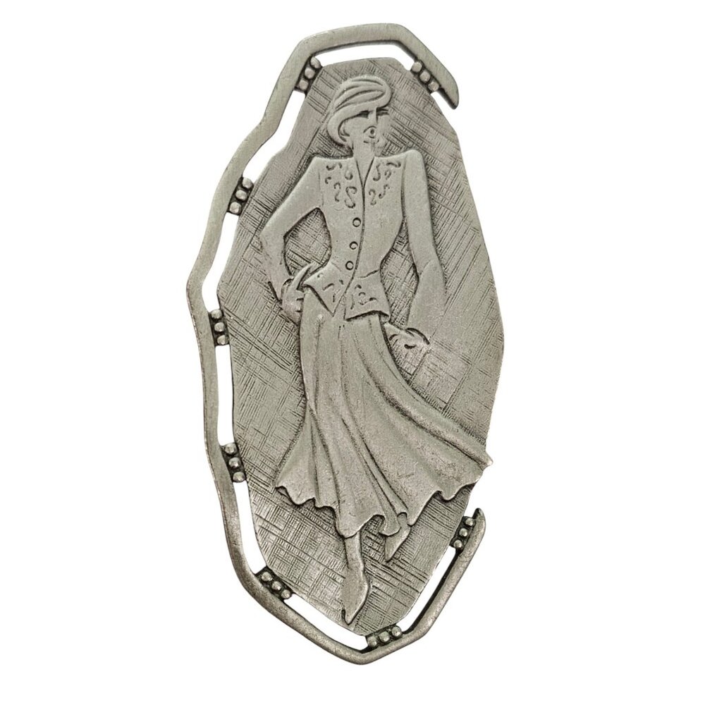 JJ Jonette Silver Tone Oval Linen Finish Lady in Dress Brooch Pin, Signed L827